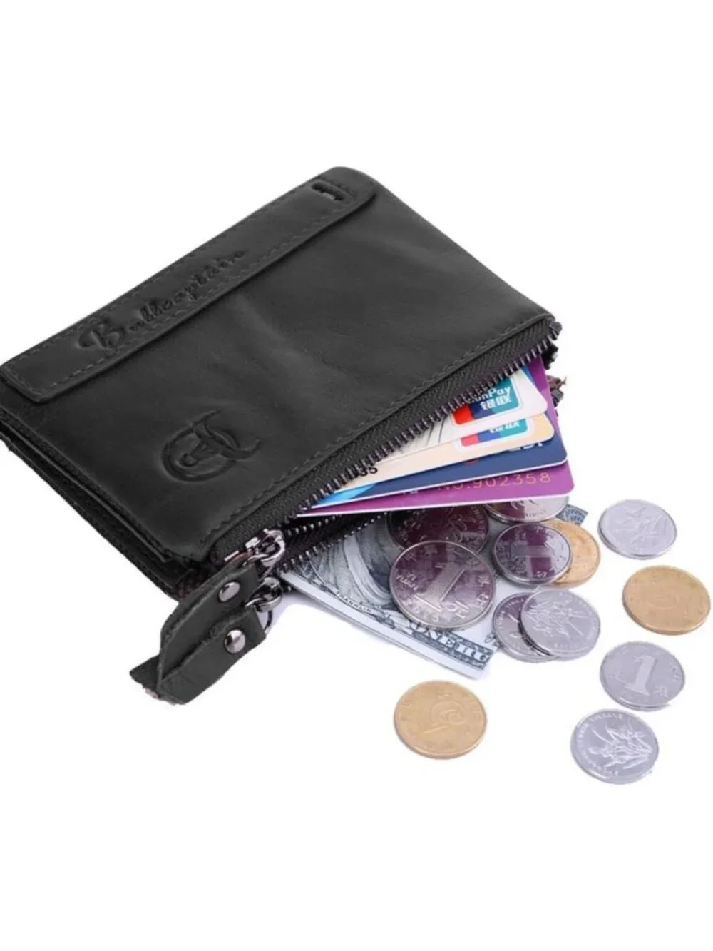 Vintage Genuine Leather Bifold Wallet for Men with Double Zipper Pockets - Black